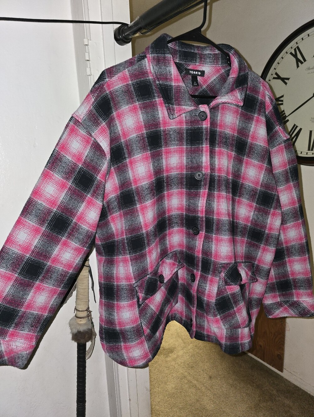 Torrid Pink/Black Plaid Shacket Size 2 - Picture 2 of 4